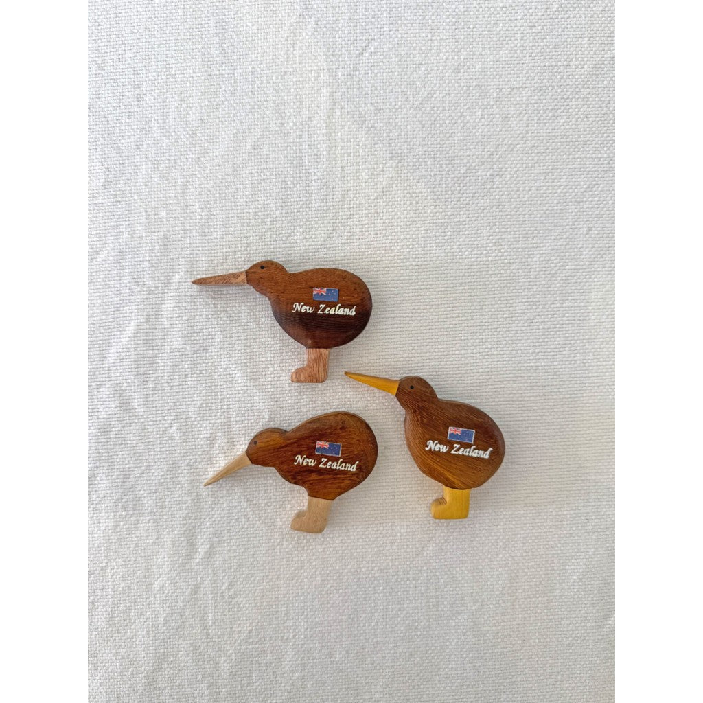 Wooden kiwi magnets on white