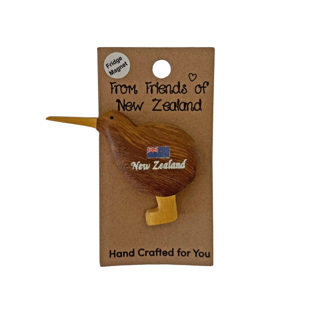 Wooden kiwi magnet on its gift card
