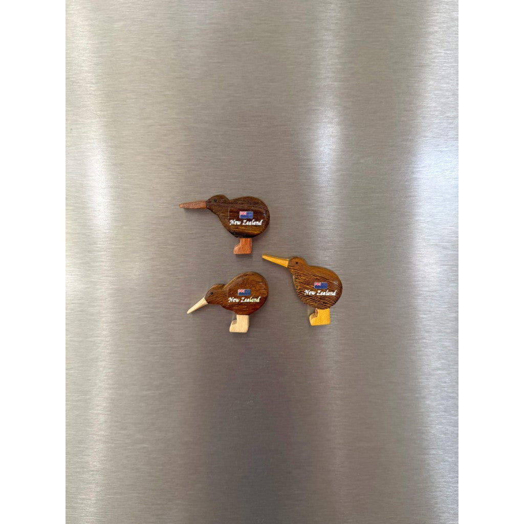 Mini wooden kiwi magnets on a fridge door