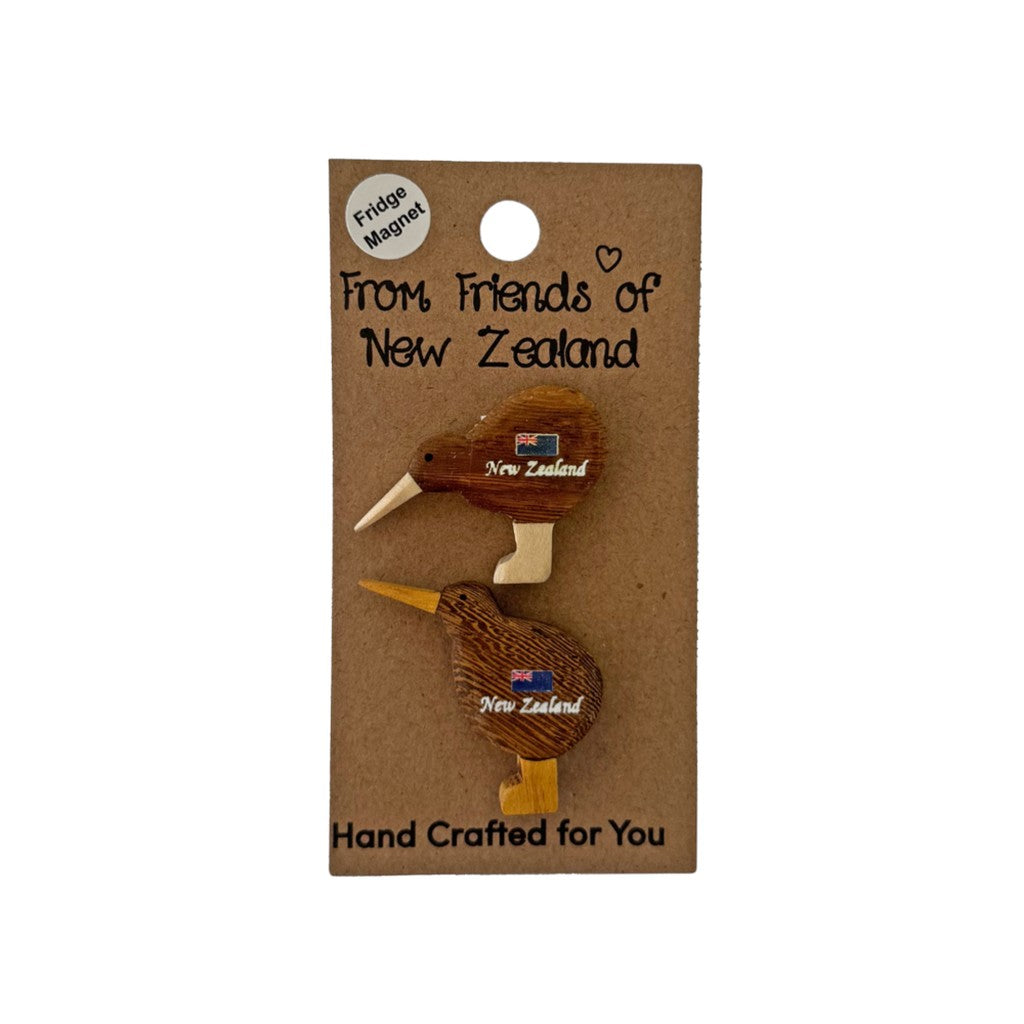 Mini wooden kiwi magnets on a gift card, alternate design