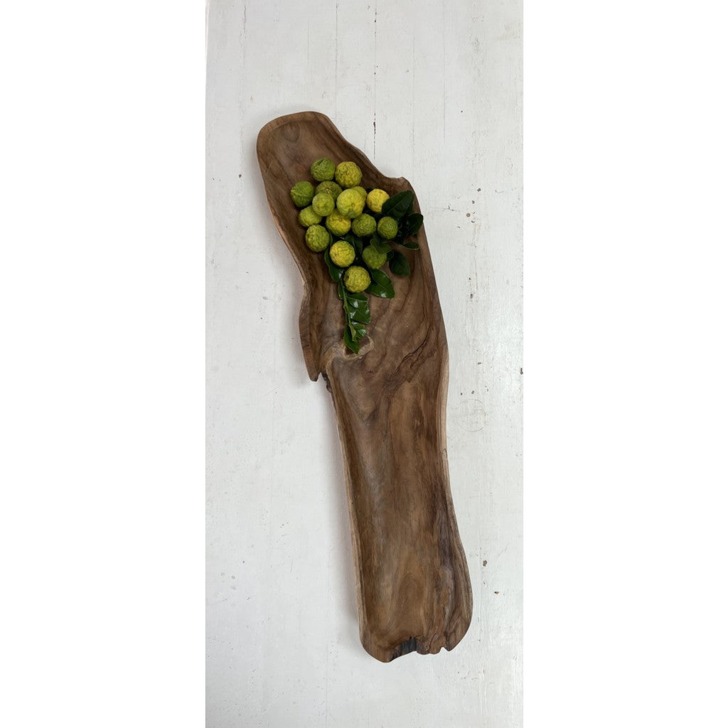 Teak long bowl standing upright with olives
