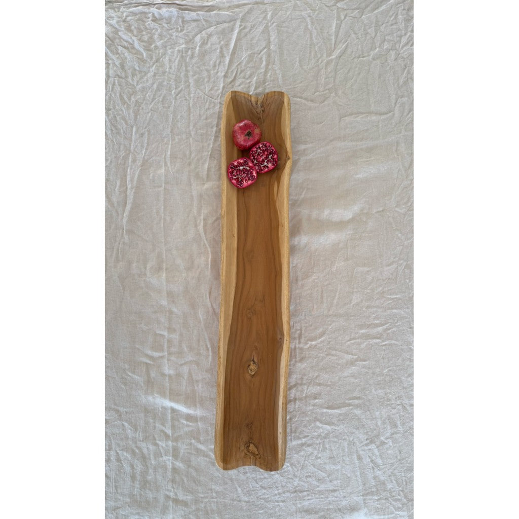 Teak long bowl with flowers, alternate view