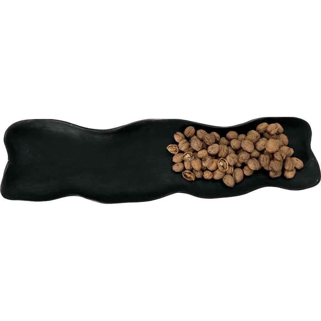 Black Yakisugi teak long bowl with nuts on white
