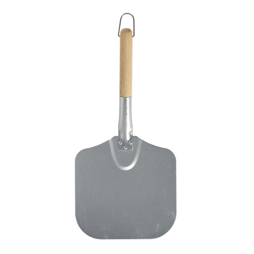 Pizza peel with long wooden handle on white