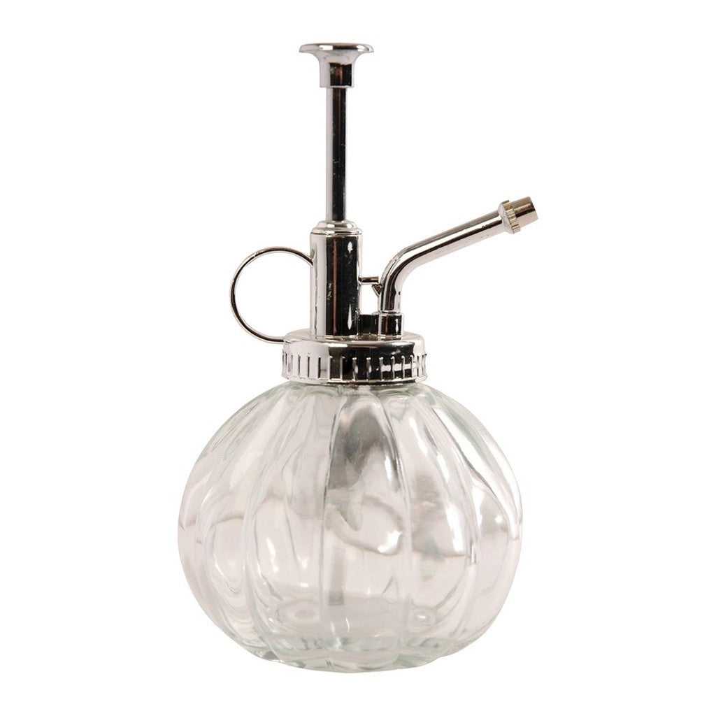 Clear glass plant mister with pump on white