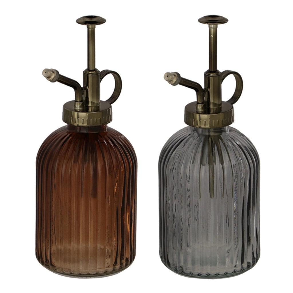 Amber and grey ribbed glass plant misters on white