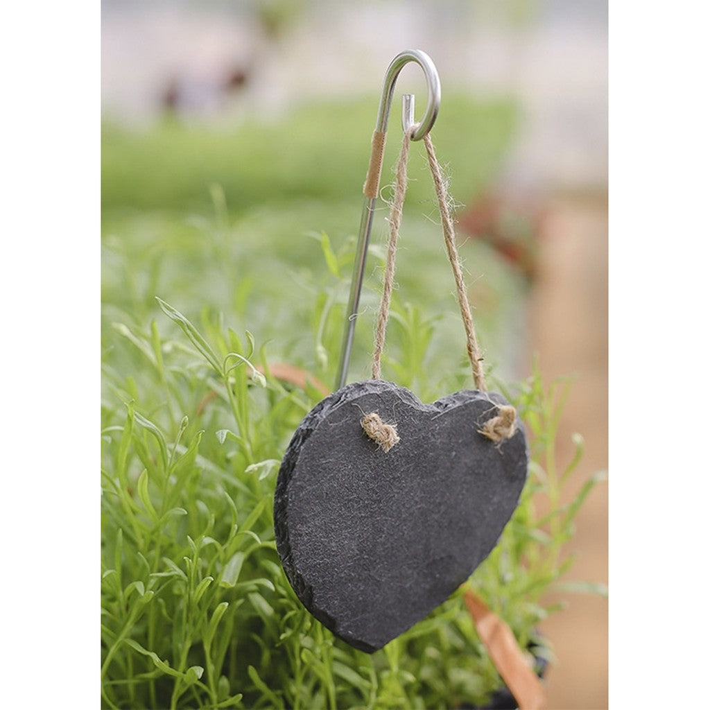 Heart slate plant label hanging in the garden