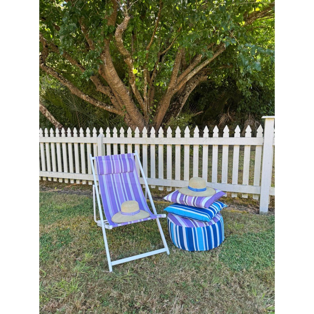 Parnell & Co | Striped Outdoor Pouffe Blue - Cove. Beach Essentials