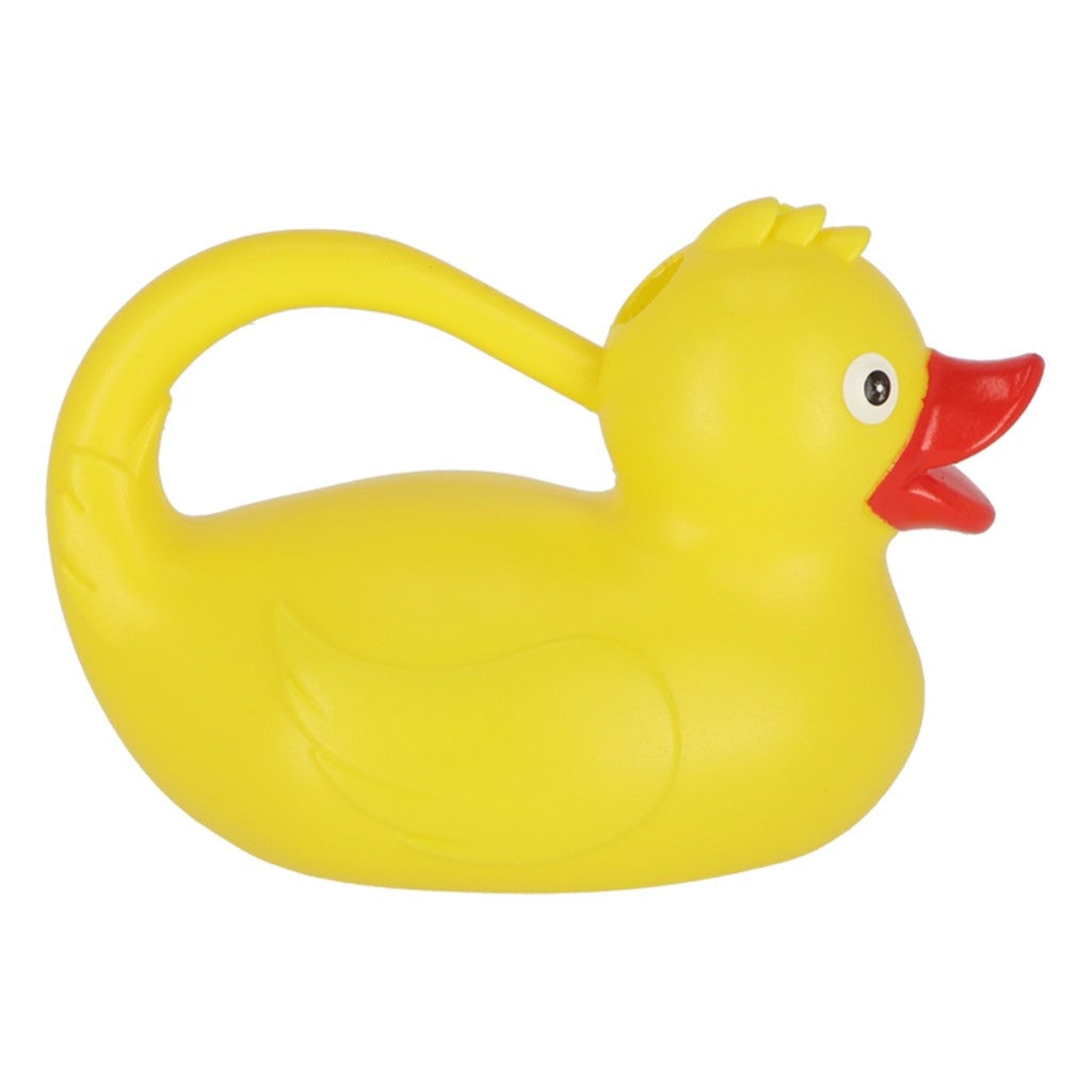 Yellow duck watering can on white