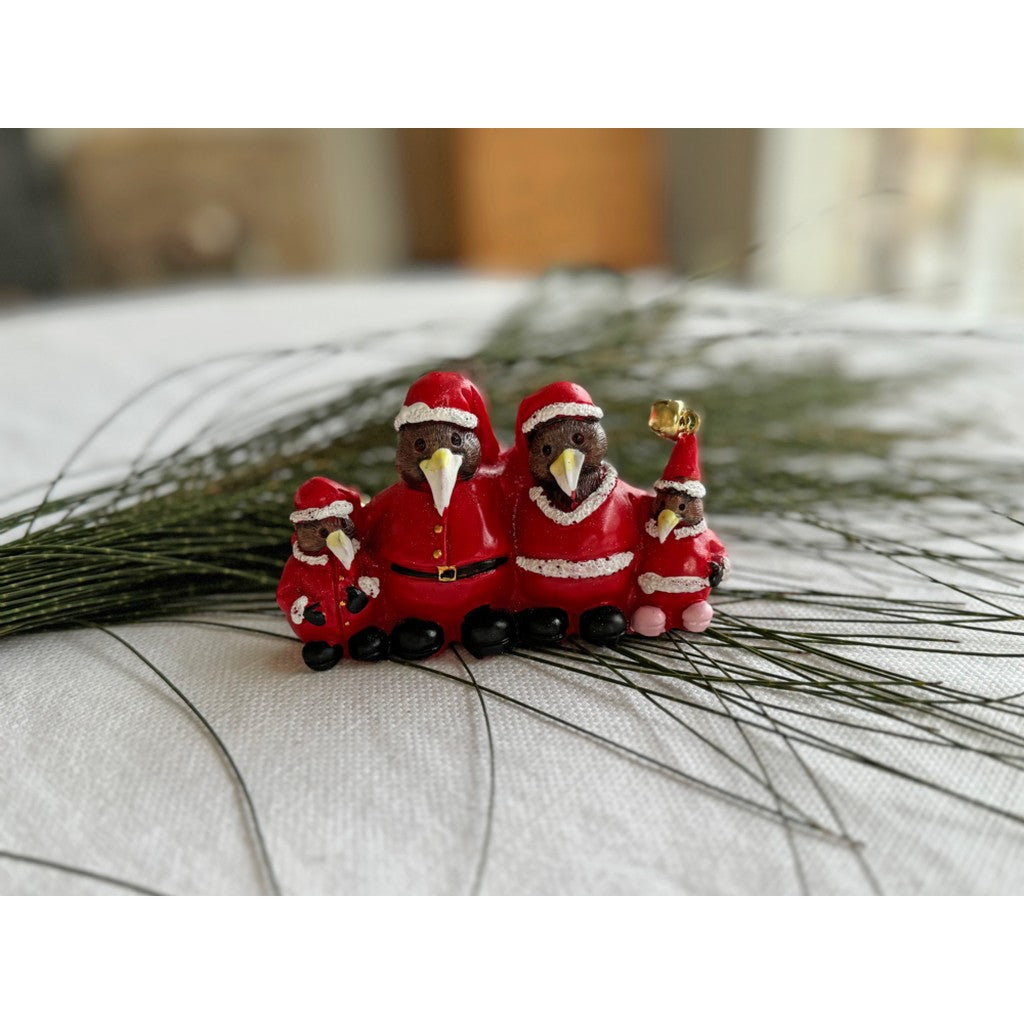 Christmas kiwi family on a table with pine foliage
