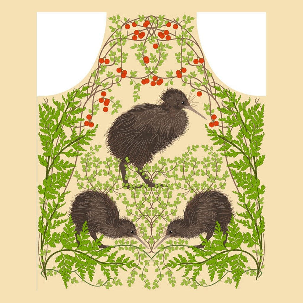 Pikitia cotton apron printed with three kiwi among ferns