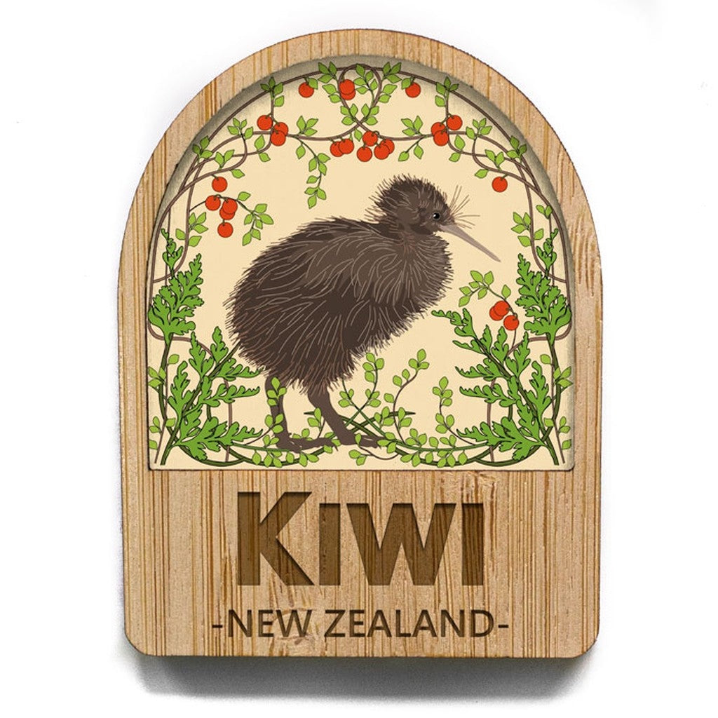 Pikitia bamboo arch magnet with a kiwi illustration and KIWI New Zealand etched below