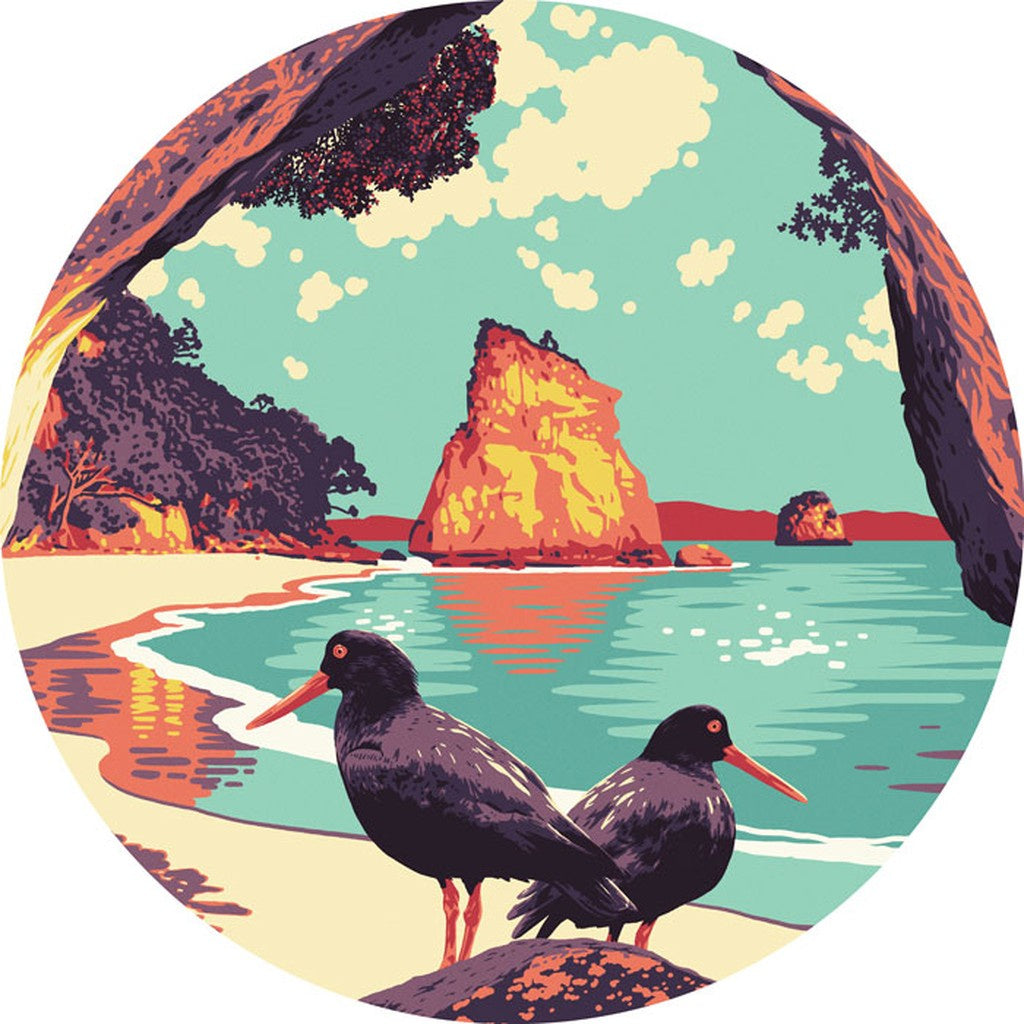 Pikitia round placemat with oystercatchers at Cathedral Cove