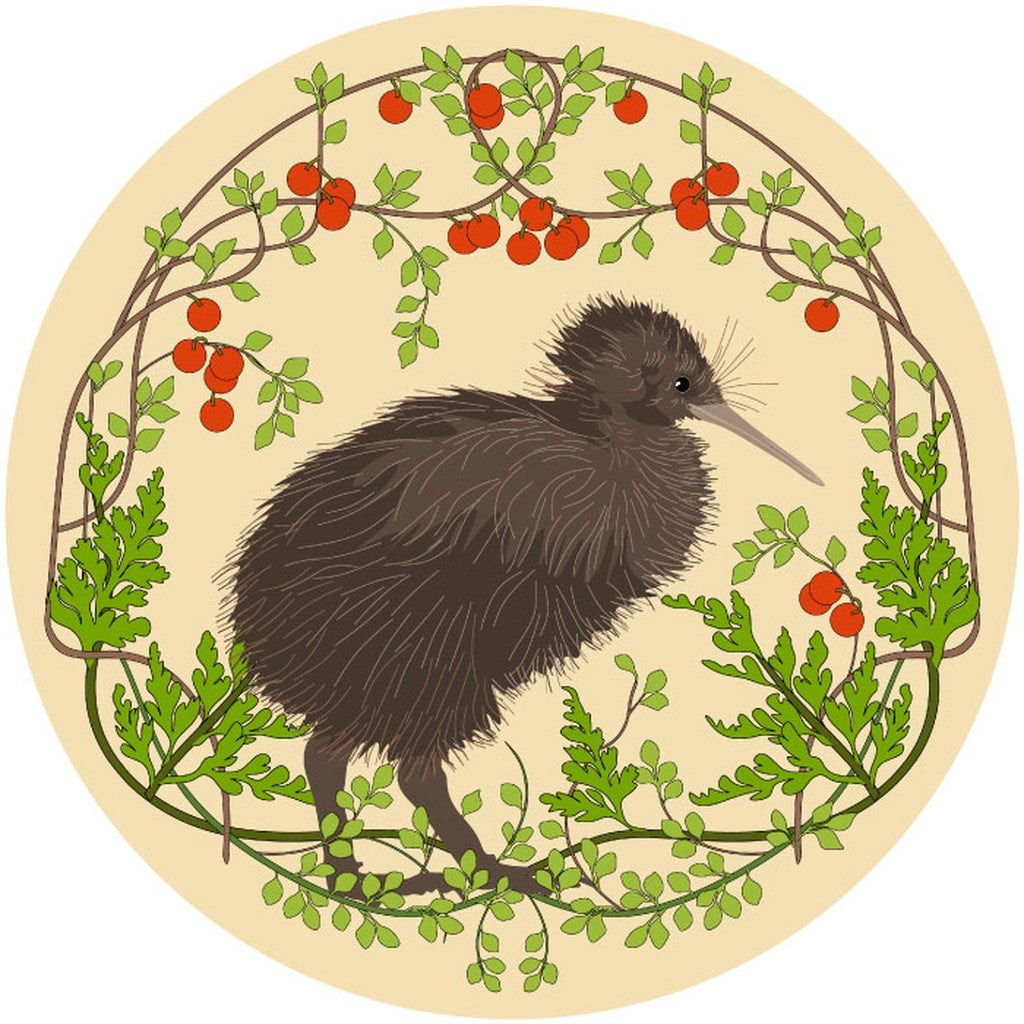 Pikitia round placemat with a kiwi framed by native foliage