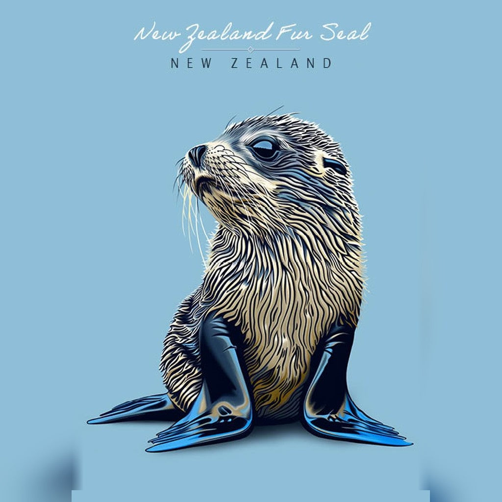 Pikitia NZ fur seal pup artwork on a pale blue tea towel