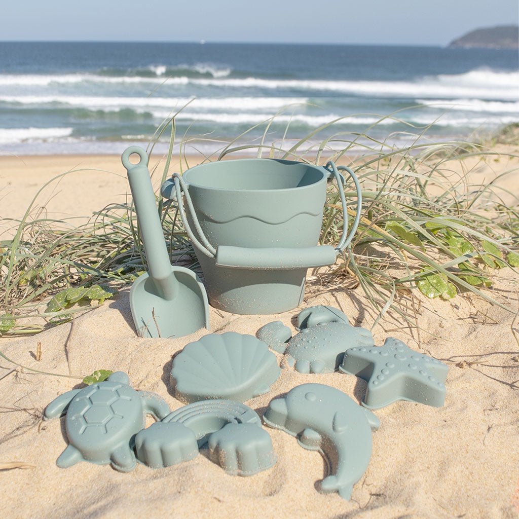 Playground Silicone 8pc Bucket & Spade Set - Sage - Cove. Beach Essentials