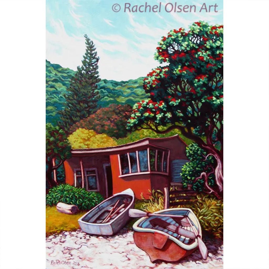 Rachel Olsen Greeting Card - Taffy's Bach - Cove. Beach Essentials