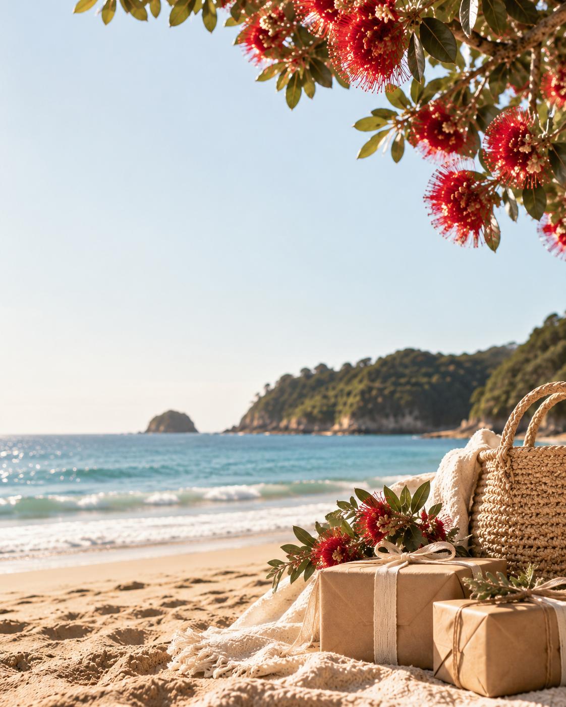 Wrapped gifts and a woven beach bag on the sand under red pōhutukawa flowers