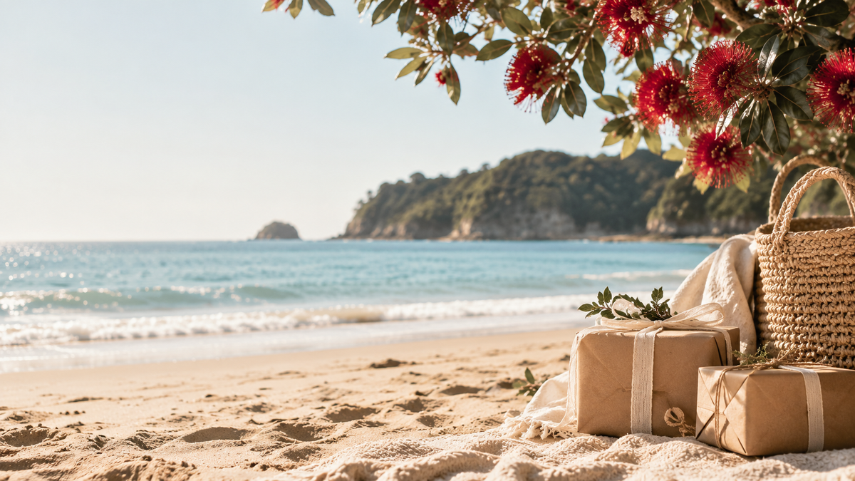 Wrapped gifts and a woven beach bag on the sand under red pōhutukawa flowers