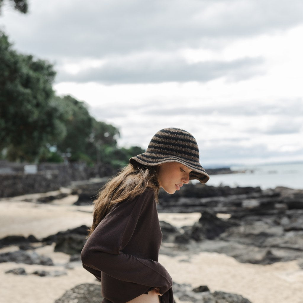 SOPHIE | Travelling Hat Stripes - Cocoa w Black - Cove. Beach Essentials