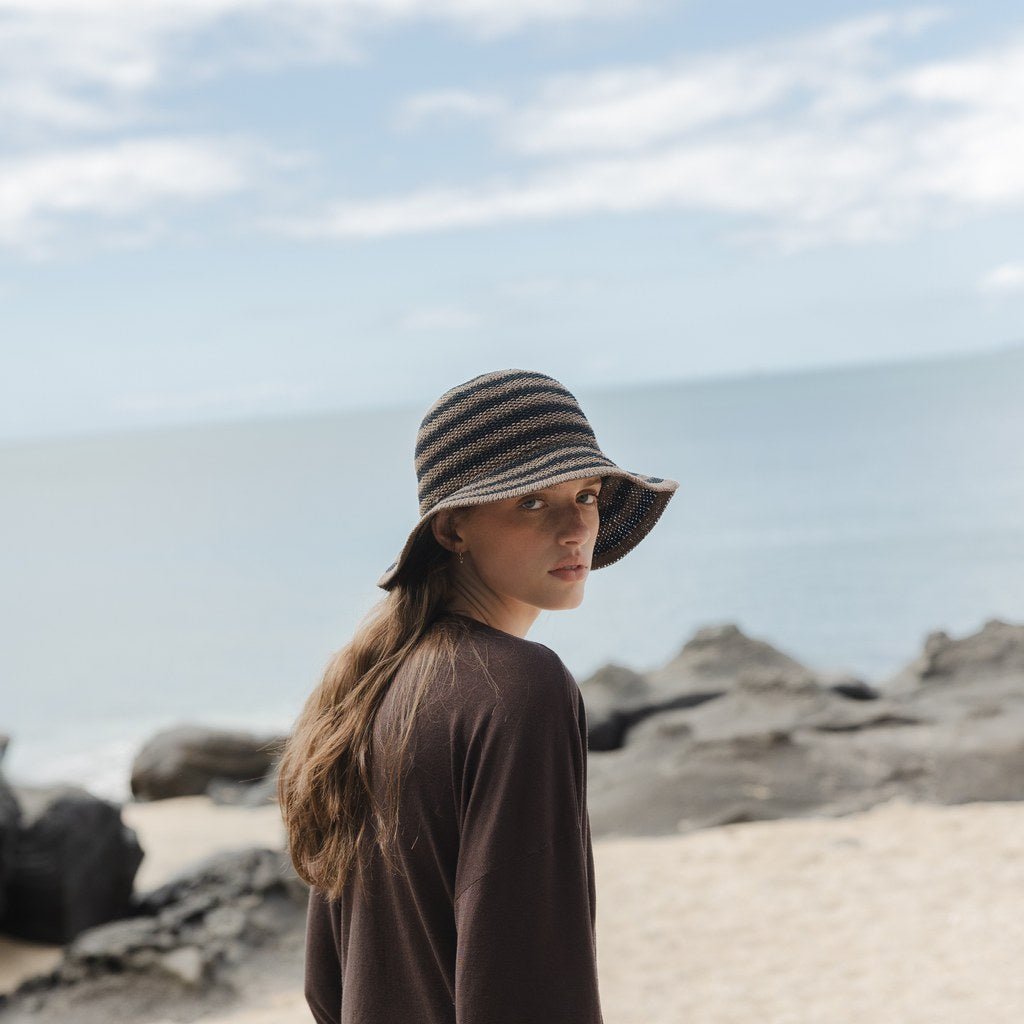 SOPHIE | Travelling Hat Stripes - Cocoa w Black - Cove. Beach Essentials