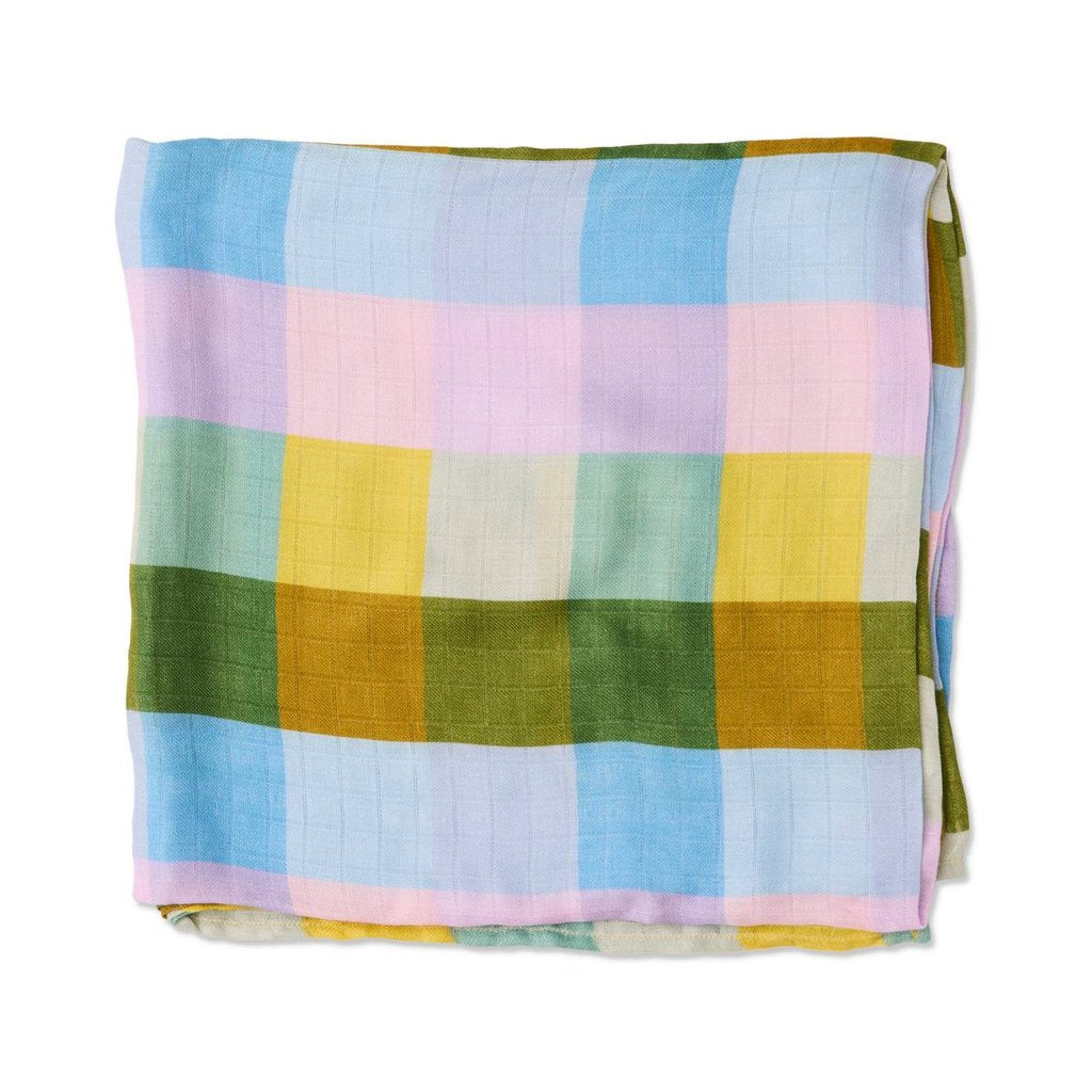 Kip &amp; Co Sorbet Tartan bamboo swaddle, folded, in pastel check