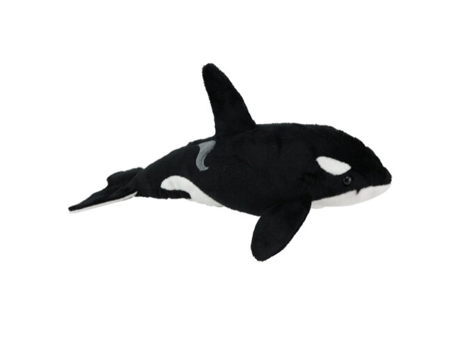 A plush toy of an orca whale with realistic sound features, set against a plain white background. The orca is black and white, mimicking the natural coloration of the marine animal, and is designed to be soft and cuddly.