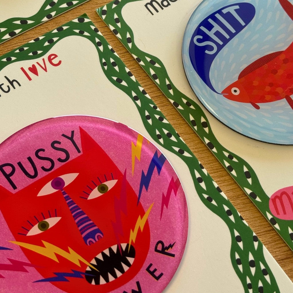 Studio Soph Pussy Power fridge magnet with other Studio Soph magnets
