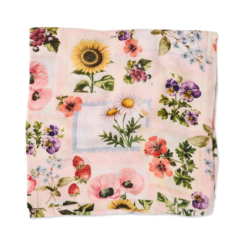 Kip &amp; Co Sweet Life bamboo swaddle, folded, with sunflowers and strawberries