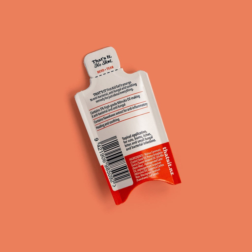 Back of the That's It First Aid Gel 8 ml sachet