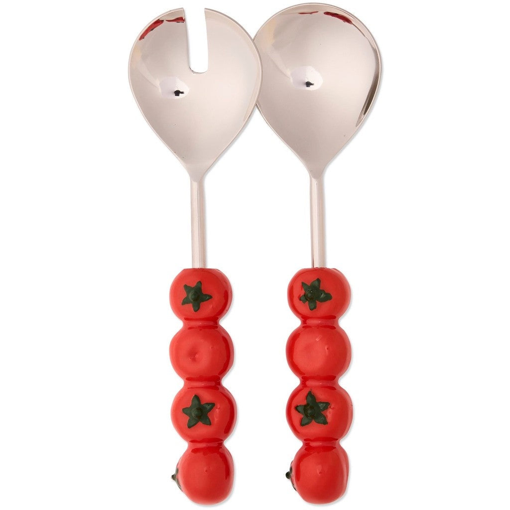 Kip &amp; Co Tomato salad servers, silver spoon and fork with red tomato handles